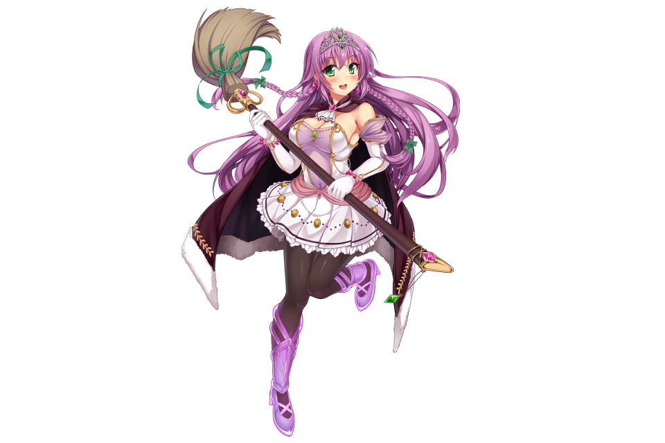 1girl, blush, bow, breasts, broom, cape, cleavage, dress, earrings, elbow_gloves, female_focus, flower_knight_girl, frills, full_body, gloves, green_eyes, heather_(flower_knight_girl), high_heels, jewelry, looking_at_viewer, open_mouth, pantyhose, purple_hair, short_dress, smile, solo, tiara, transparent_background, utsurogi_akira