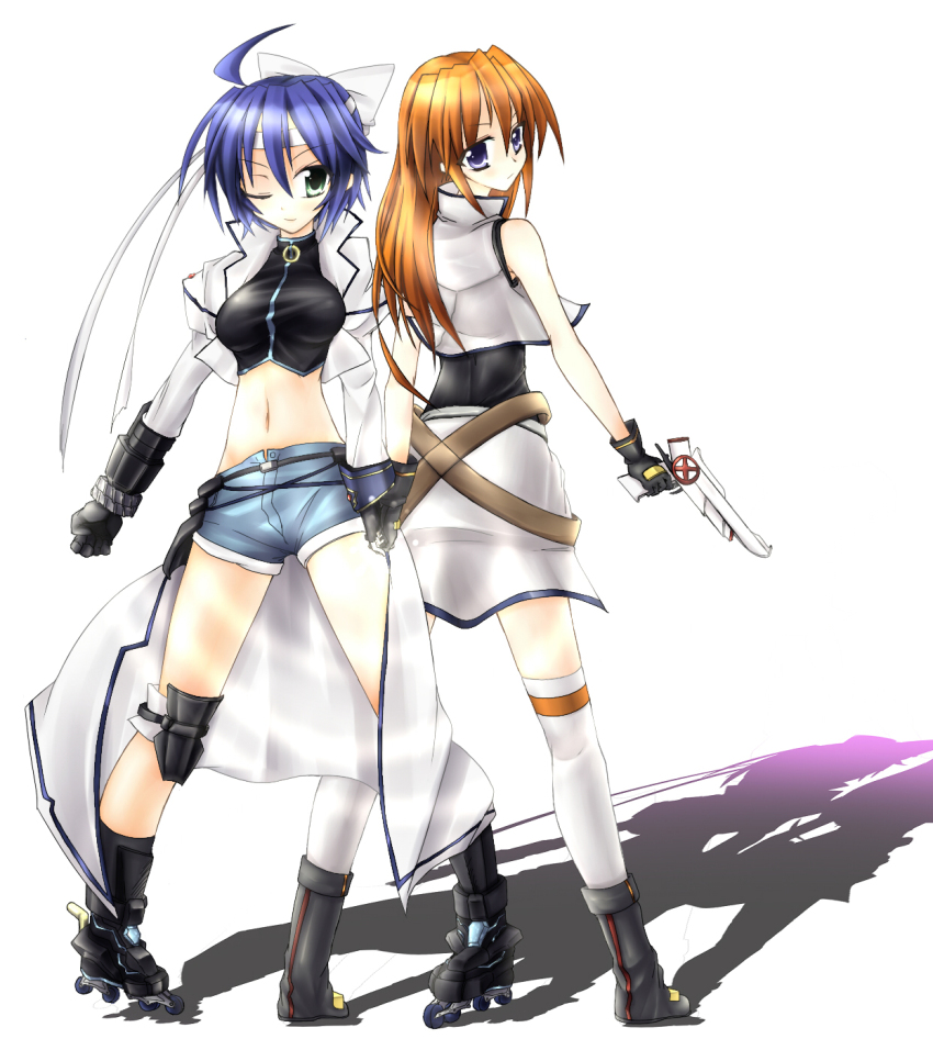 00s, 2girls, ahoge, blue_hair, cross_mirage, denim, denim_shorts, green_eyes