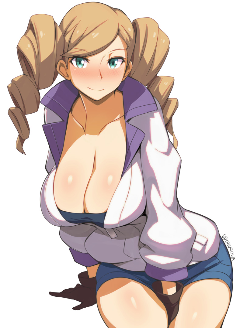 1girl, black_gloves, blue_eyes, blush, breasts, brown_hair, cleavage, collarbone, drill_hair, echo_turbine, eco_turbine, female_focus, gloves, gundam, gundam_tekketsu_no_orphans, kurowa, large_breasts, long_hair, looking_at_viewer, simple_background, smile, solo, twin_drills, white_background