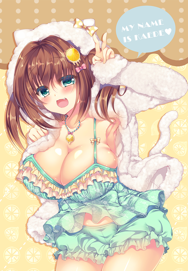 1girl, :d, animal_hood, aoki_kaede, armpits, blush, bow, breasts