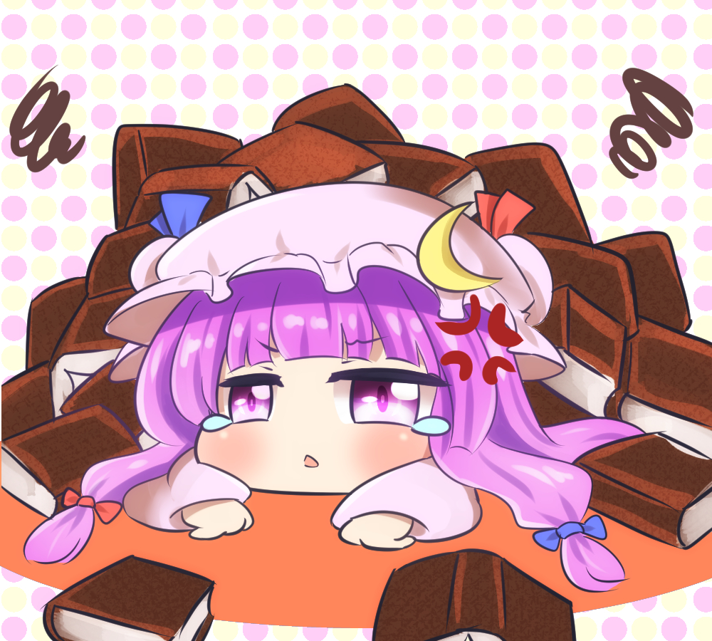 >:o, 1girl, :o, anger_vein, blue_bow, blue_ribbon, blunt_bangs, blush, book, bow, buried, chibi, crescent, female_focus, hair_bow, hat, hat_ribbon, looking_at_viewer, lying, mob_cap, on_stomach, parted_lips, patchouli_knowledge, purple_eyes, purple_hair, red_bow, red_ribbon, ribbon, shinyafuru, sidelocks, solo, squiggle, tears, touhou, triangle_mouth, v-shaped_eyebrows