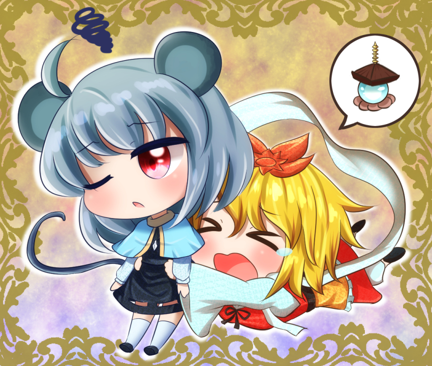 2girls, ;o, ahoge, animal_ears, bishamonten's_pagoda, black_dress, black_footwear, black_ribbon