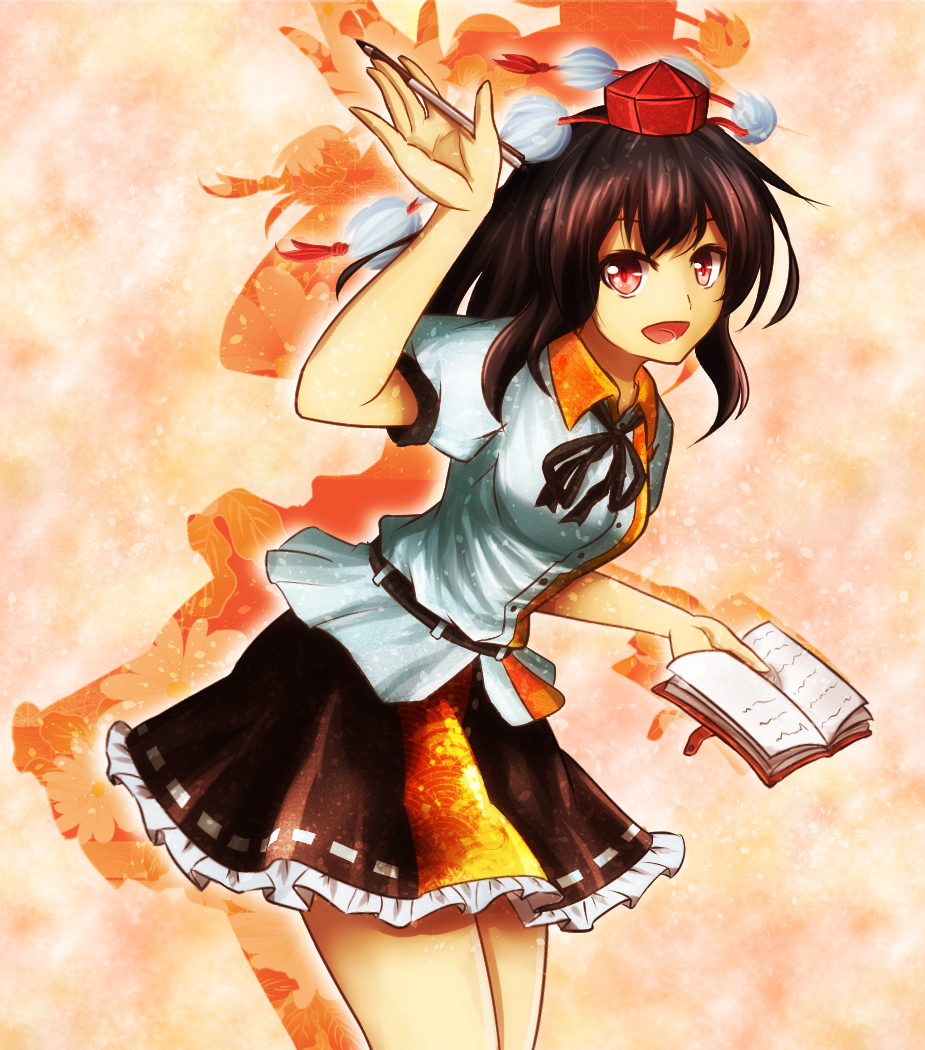 1girl, :d, black_hair, black_ribbon, black_skirt, breasts, calligraphy_brush, cowboy_shot