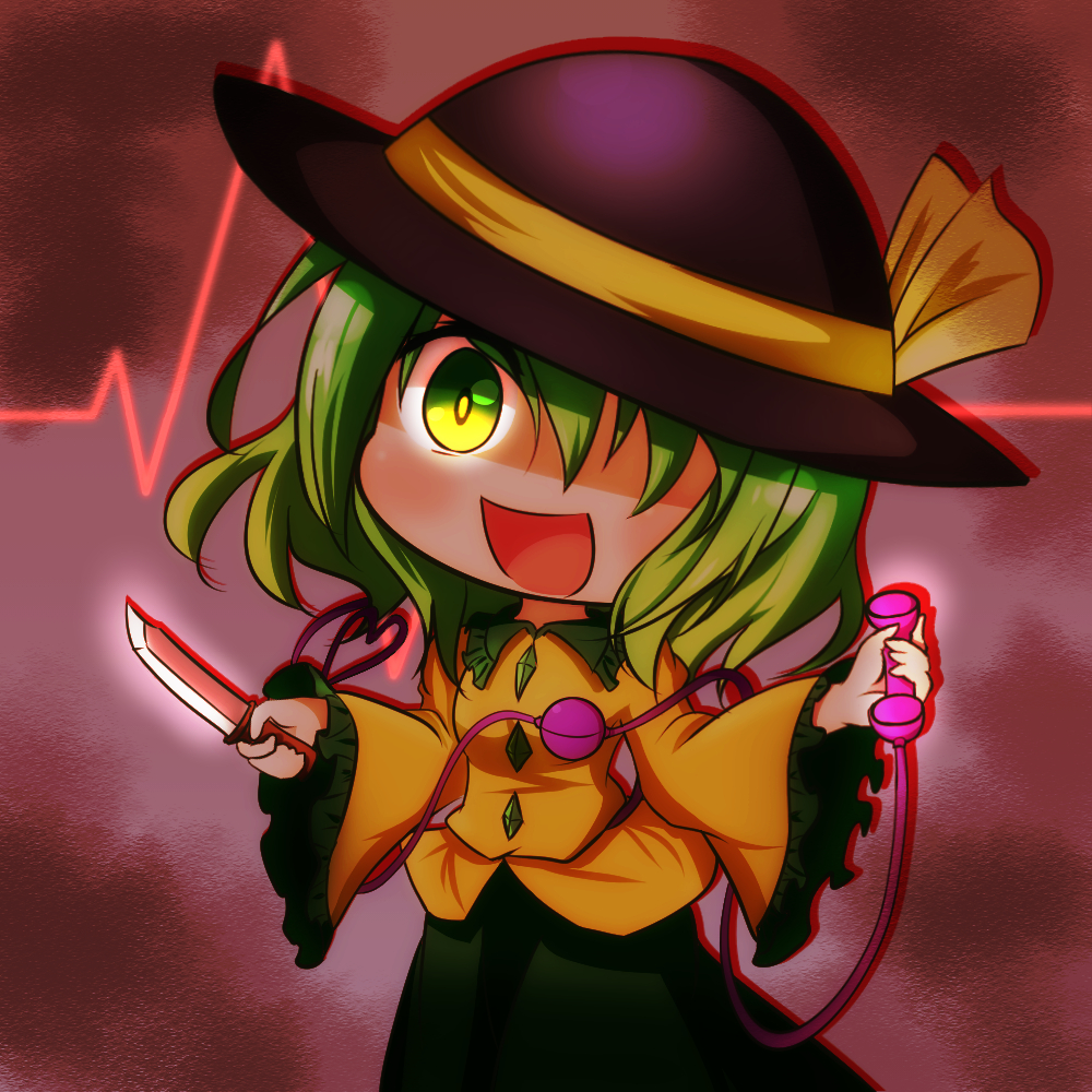 1girl, :d, black_hat, blush, chibi, corded_phone, cowboy_shot, eyeball