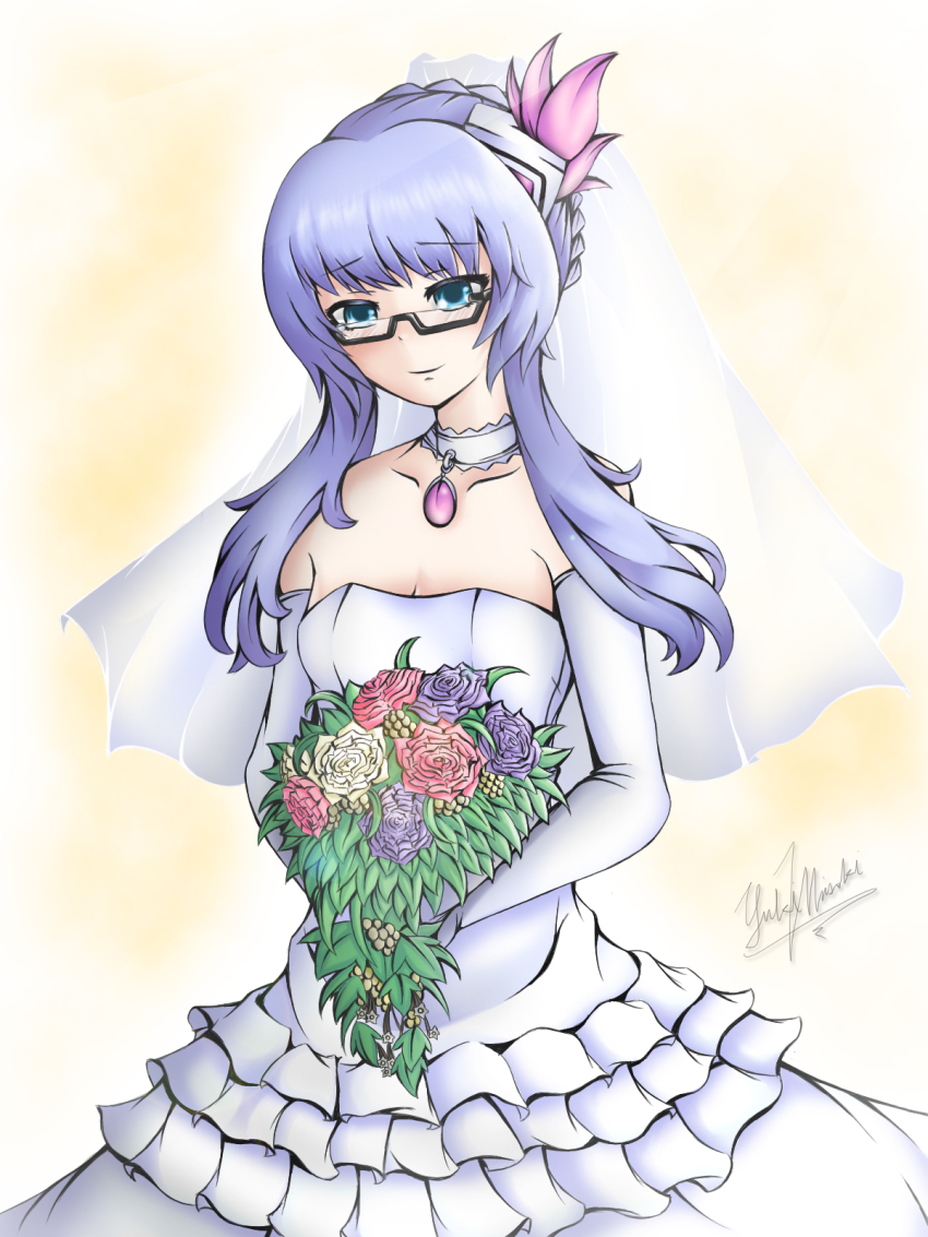 10s, 1girl, alternate_costume, bare_shoulders, black-framed_eyewear, blue_eyes, bouquet, breasts