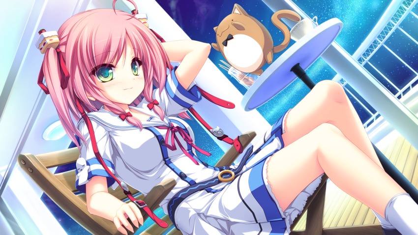 1girl, blush, chocola_(gib), dutch_angle, female_focus, g.i.b._girls_in_black, green_eyes, hair_ribbon, highres, kurokawa_yukano, looking_at_viewer, night, pink_hair, ribbon, school_uniform, short_sleeves, sitting, sky, smile, solo, star_(sky), starry_sky, tenmaso, twintails