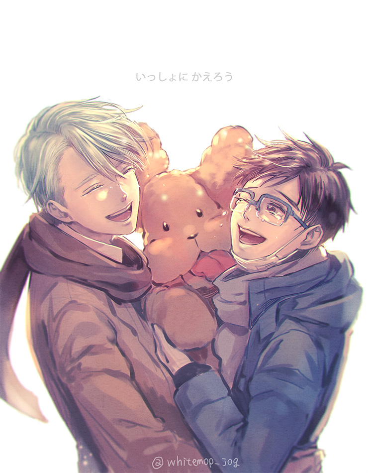 10s, 2boys, black_hair, blue-framed_eyewear, brown_eyes, coat, dog, closed_eyes