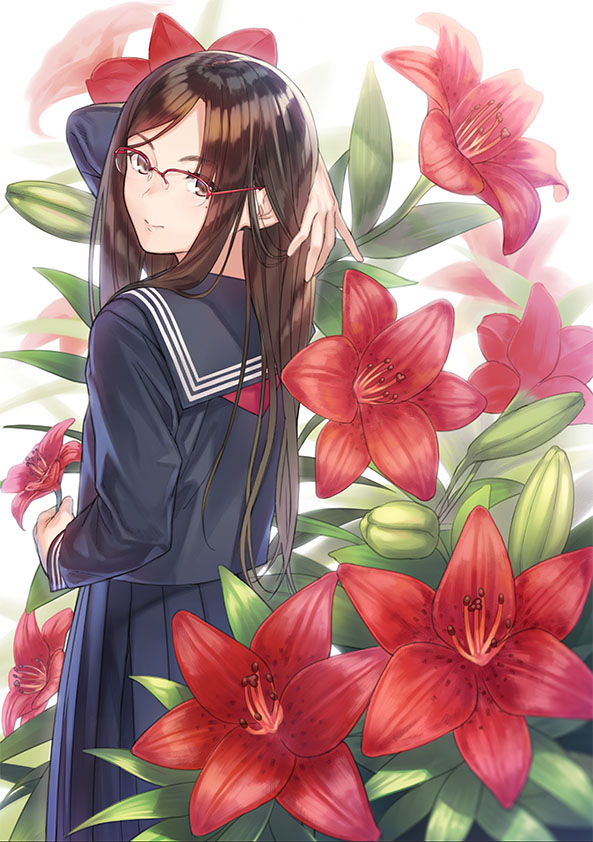 1girl, back, brown_eyes, brown_hair, commentary, female_focus, flower, from_behind