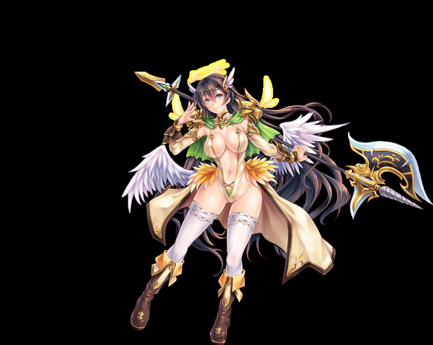 1girl, angel, angel_wings, arm_guards, armor, awakening_(sennen_sensou_aigis), axe, bikini_armor, black_hair, blue_eyes, boots, breasts, brown_hair, cape, capelet, cleavage, elbow_gloves, feet, female_focus, full_body, gloves, groin, hair_ornament, halberd, halo, highres, holding, holding_weapon, knee_boots, large_breasts, legs, leotard, long_hair, looking_at_viewer, makirin, navel, o-ring, official_art, overskirt, polearm, sennen_sensou_aigis, shoulder_pads, smile, solo, sophie_(sennen_sensou_aigis), standing, thighhighs, thighs, transparent_background, weapon, white_background, white_thighhighs, wings, wrist_guards, yakinabe