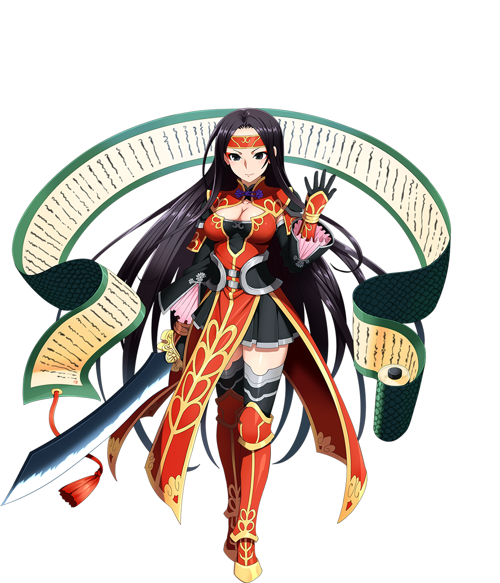 1girl, armor, black_eyes, black_hair, black_skirt, breasts, cleavage, eyeshadow, female_focus, full_body, headband, holding, holding_sword, holding_weapon, large_breasts, legs, long_hair, looking_at_viewer, makeup, scroll, sennen_sensou_aigis, shuka_(sennen_sensou_aigis), skirt, smile, solo, standing, sword, thighs, transparent_background, weapon, white_background