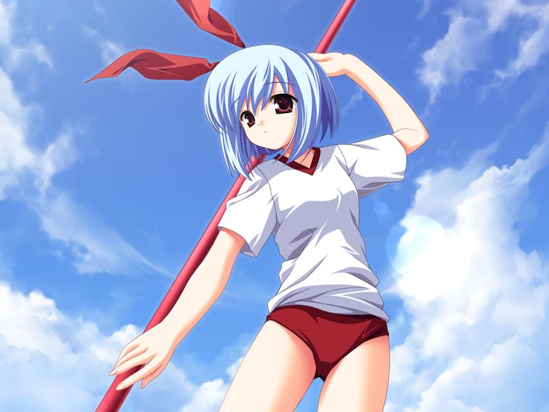 1girl, blue_hair, buruma, cloud, day, desuno_(festa!!_hyper_girls_pop), female_focus, festa!!_hyper_girls_pop, game_cg, gym_uniform, hagiwara_onsen, red_eyes, ribbon, short_hair, sky, solo