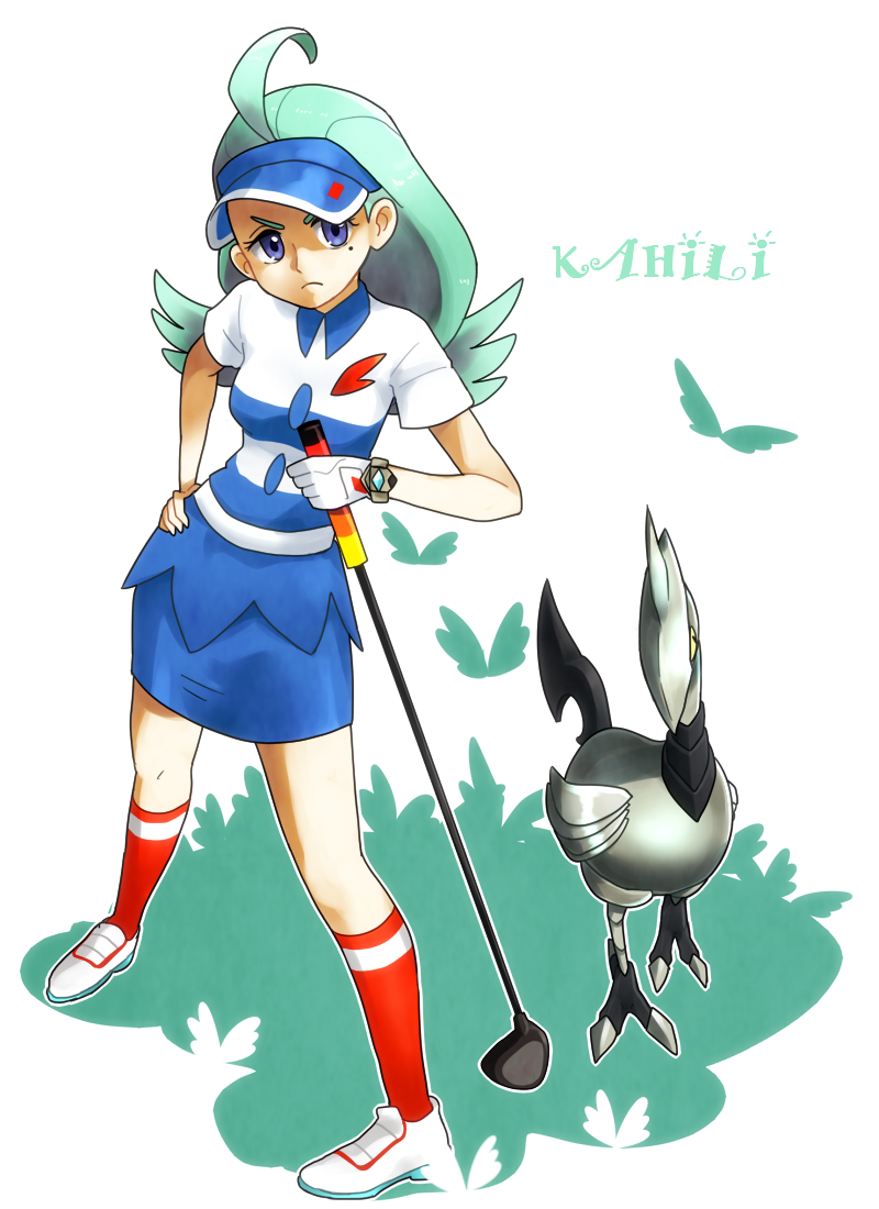 >:(, 1girl, ahoge, aqua_hair, bad_id, bad_pixiv_id, bird, blue_eyes, blue_skirt, buttons, character_name, closed_mouth, collared_shirt, elite_four, frown, full_body, gen_2_pokemon, gloves, golf_club, holding, iwanashi, kahili_(pokemon), long_hair, mole, mole_under_eye, nintendo, outline, pencil_skirt, pigeon-toed, pokemon, pokemon_(creature), pokemon_sun_and_moon, purple_eyes, shirt, shoes, short_sleeves, simple_background, single_glove, skarmory, skirt, socks, standing, talons, text_focus, v-shaped_eyebrows, white_background, white_footwear, z-ring