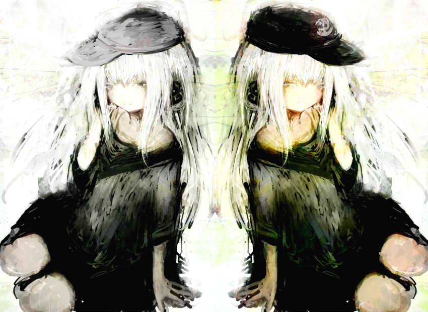 10s, 2girls, abstract_background, arm_support, assi, black_hat, colored_eyelashes, different_reflection, dual_persona, faux_traditional_media, hat, hat_askew, headphones, hibiki_(kancolle), holding, holding_headphones, kantai_collection, knees, light_smile, long_hair, mirror_image, multiple_girls, one_eye_closed, pale_color, reflection, sitting, verniy_(kancolle), white_background, white_hair