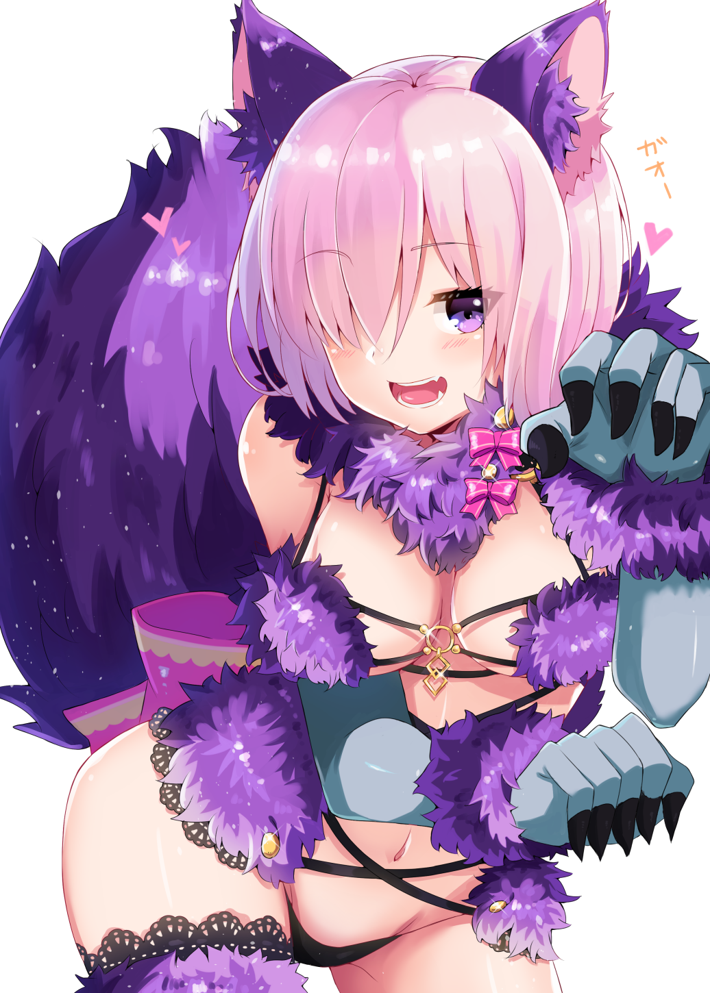 1girl, animal_ears, black_panties, blush, breasts, claw_pose, commentary, cowboy_shot, elbow_gloves, fangs, fate/grand_order, fate_(series), female_focus, fur-trimmed_gloves, fur-trimmed_legwear, fur_collar, fur_trim, gao, gloves, green_gloves, hair_over_one_eye, halloween_costume, heart, highres, large_breasts, looking_at_viewer, mash_kyrielight, mash_kyrielight_(dangerous_beast), navel, o-ring, o-ring_top, official_alternate_costume, open_mouth, panties, paw_pose, pink_ribbon, purple_eyes, purple_hair, ribbon, shiime, shiny_skin, short_hair, simple_background, smile, solo, tail, teeth, thighhighs, thighs, translated, underwear, white_background, wolf_ears, wolf_tail