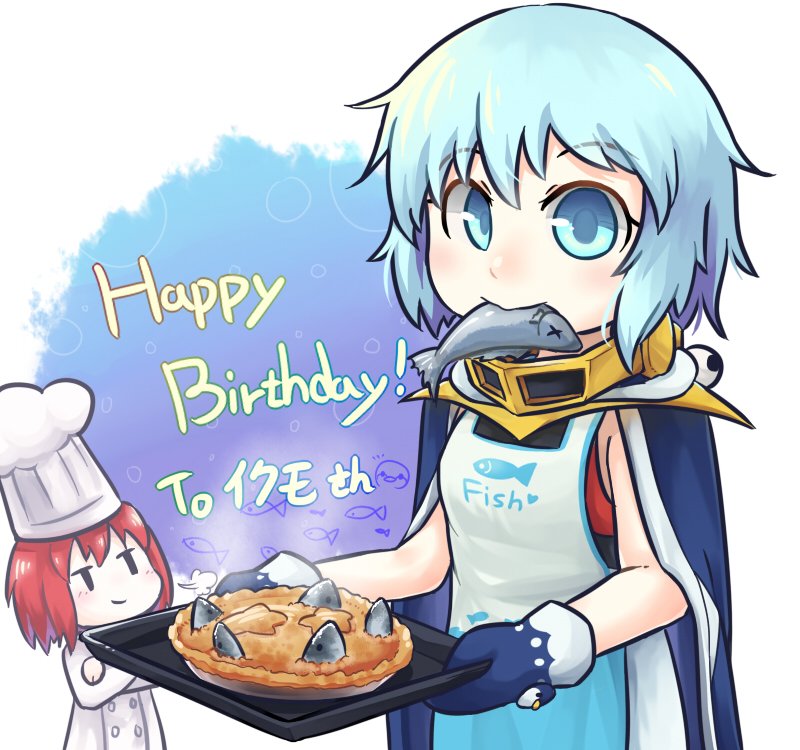 androgynous, animal_costume, apron, cake, cape, chef, chef_hat, crossed_arms