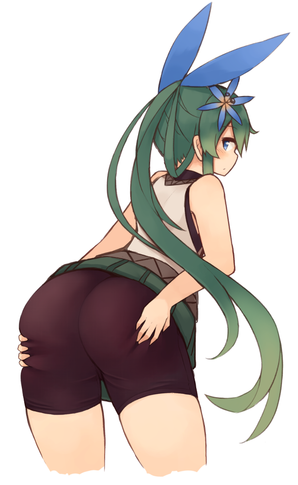 1girl, ass, bare_shoulders, bike_shorts, blue_eyes, female_focus, flower, from_behind