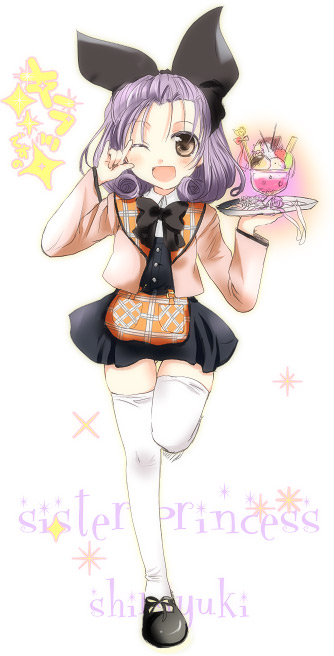 00s, brown_eyes, dress, drill_hair, food, kayune_niu, kayuumi, non-web_source, one_eye_closed, parfait, purple_hair, shirayuki_(sister_princess), short_hair, sister_princess, solo, thighhighs, tray, wink