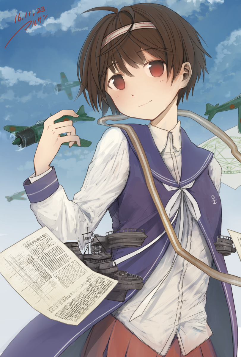 1girl, ahoge, aircraft, airplane, arm_up, bad_id, bad_pixiv_id, blue_sky