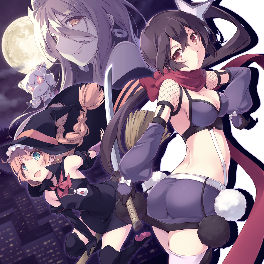 10s, 4girls, :d, black_gloves, black_hair, blonde_hair, blue_eyes, braid, breasts, calamity_mary, cape, cleavage, detached_sleeves, earrings, elbow_gloves, fishnets, full_moon, gloves, hair_ornament, hat, itoichi., jewelry, long_hair, magicaloid44, mahou_shoujo_ikusei_keikaku, mahou_shoujo_ikusei_keikaku_unmarked, medium_breasts, midriff, mole, mole_under_eye, moon, multiple_girls, night, ninja, open_mouth, orange_hair, red_scarf, ripple_(mahoiku), scarf, side_ponytail, small_breasts, smile, sword, thighhighs, top_speed, twin_braids, weapon, witch_hat, yellow_eyes