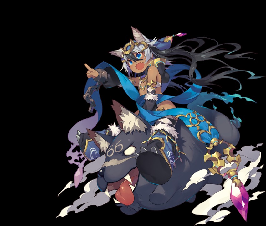 1girl, 666, animal, animal_ears, black_hair, blue_eyes, boots, dark-skinned_female, dark_skin, detached_sleeves, fang, fangs, female_focus, floating_hair, full_body, hair_between_eyes, katou_itsuwa, long_hair, official_art, open_mouth, outstretched_arm, pointing, puniru_(sennen_sensou_aigis), riding, sennen_sensou_aigis, solo, thigh_boots, thighhighs, transparent_background