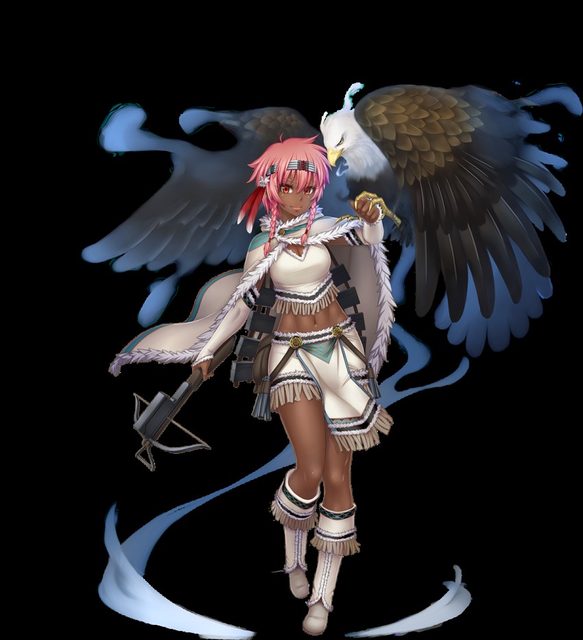 1girl, bird, bird_on_hand, boots, bow_(weapon), braid, breasts, cleavage, crossbow, eagle, female_focus, fringe_trim, front_braid, full_body, fur_trim, gochou_(kedama), headband, highres, holding, holding_weapon, long_hair, medium_breasts, midriff, navel, pink_eyes, red_eyes, sennen_sensou_aigis, short_hair_with_long_locks, side_braid, skirt, smile, solo, sue_(sennen_sensou_aigis), transparent_background, twin_braids, weapon