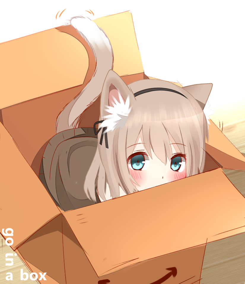 1girl, amazon_(company), animal_ears, aqua_eyes, black_ribbon, blush, box, brown_hair, cardboard_box, cat_ears, cat_girl, cat_tail, covered_mouth, english_text, female_focus, from_above, hair_between_eyes, hair_ribbon, in_box, in_container, light_brown_hair, looking_at_viewer, non_(wednesday-classic), original, ribbon, solo, sweater, tail, tail_wagging