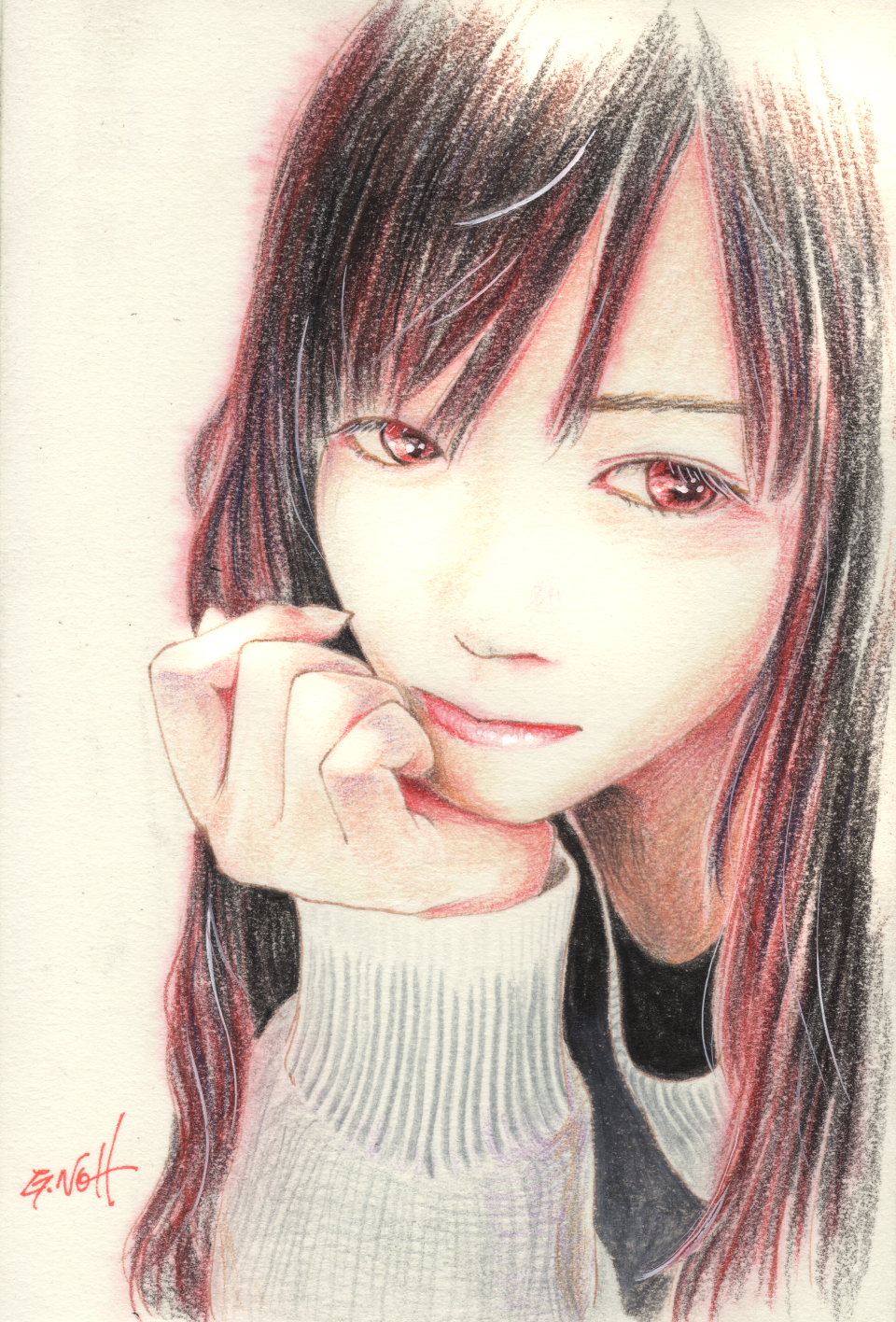 brown_hair, highres, long_hair, original, painting_(medium), red_eyes, solo, sweater