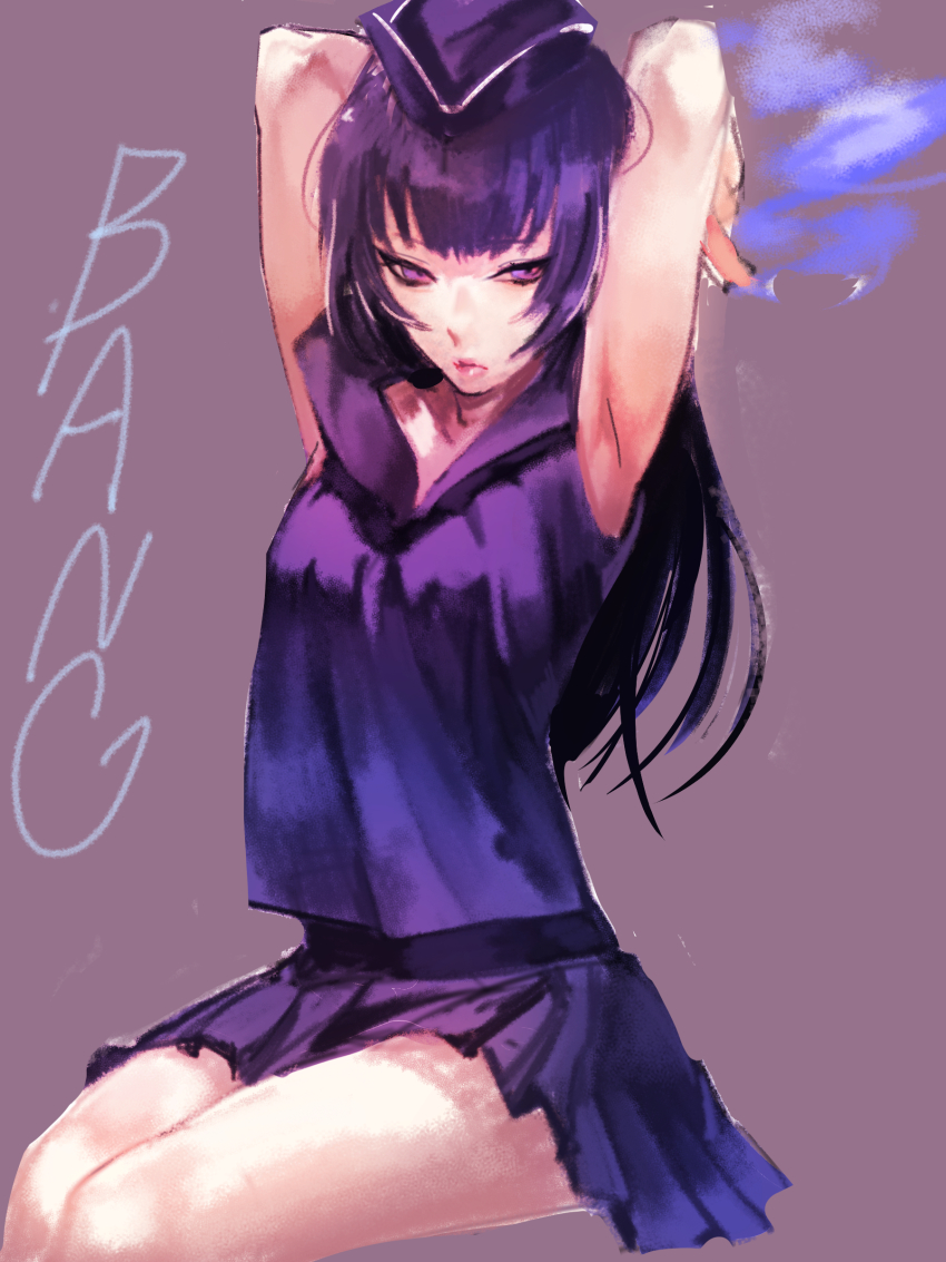 1girl, absurdres, armpits, arms_behind_head, bad_id, bad_pixiv_id, black_hair, daoko