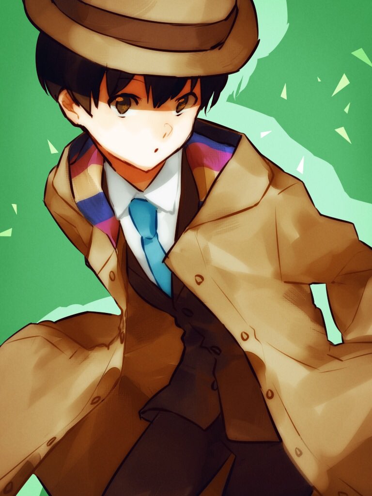 10s, 1boy, :o, bad_id, bad_pixiv_id, black_hair, blue_necktie, brown_eyes