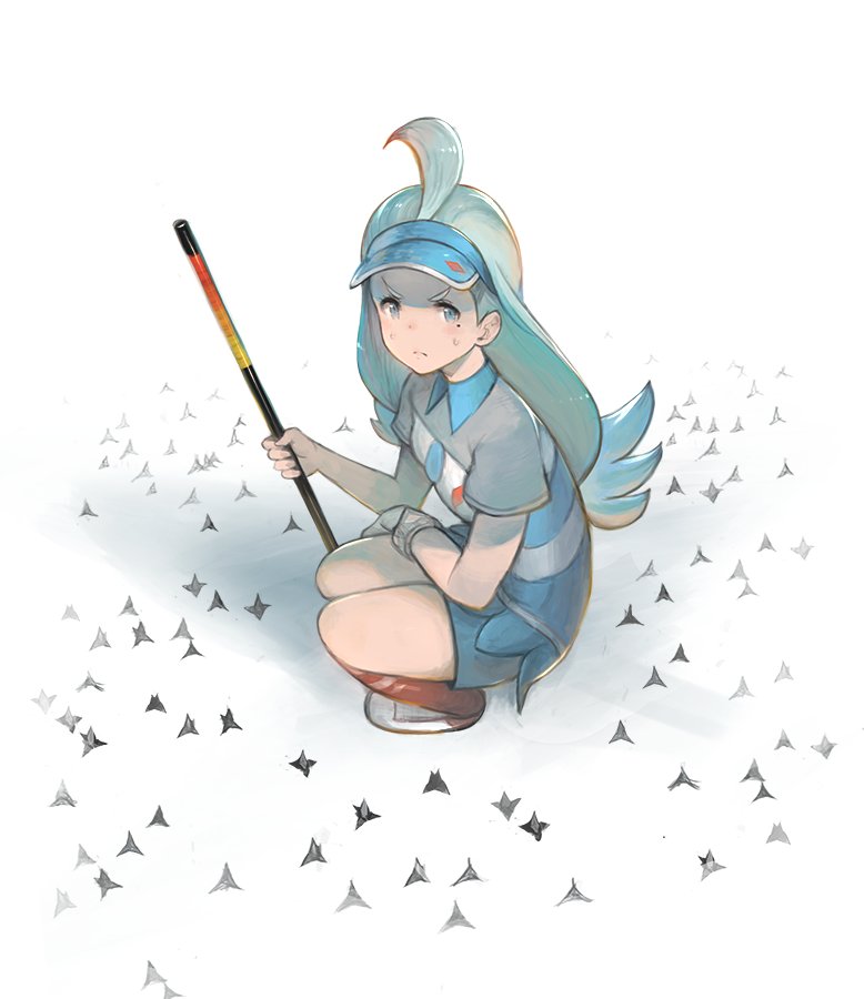 1girl, ahoge, blue_eyes, blue_hair, caltrops, elite_four, female_focus, gloves, golf_club, hanarito, kahili_(pokemon), matching_hair/eyes, mole, mole_under_eye, nintendo, pokemon, pokemon_sun_and_moon, single_glove, skirt, solo, squatting, sweat