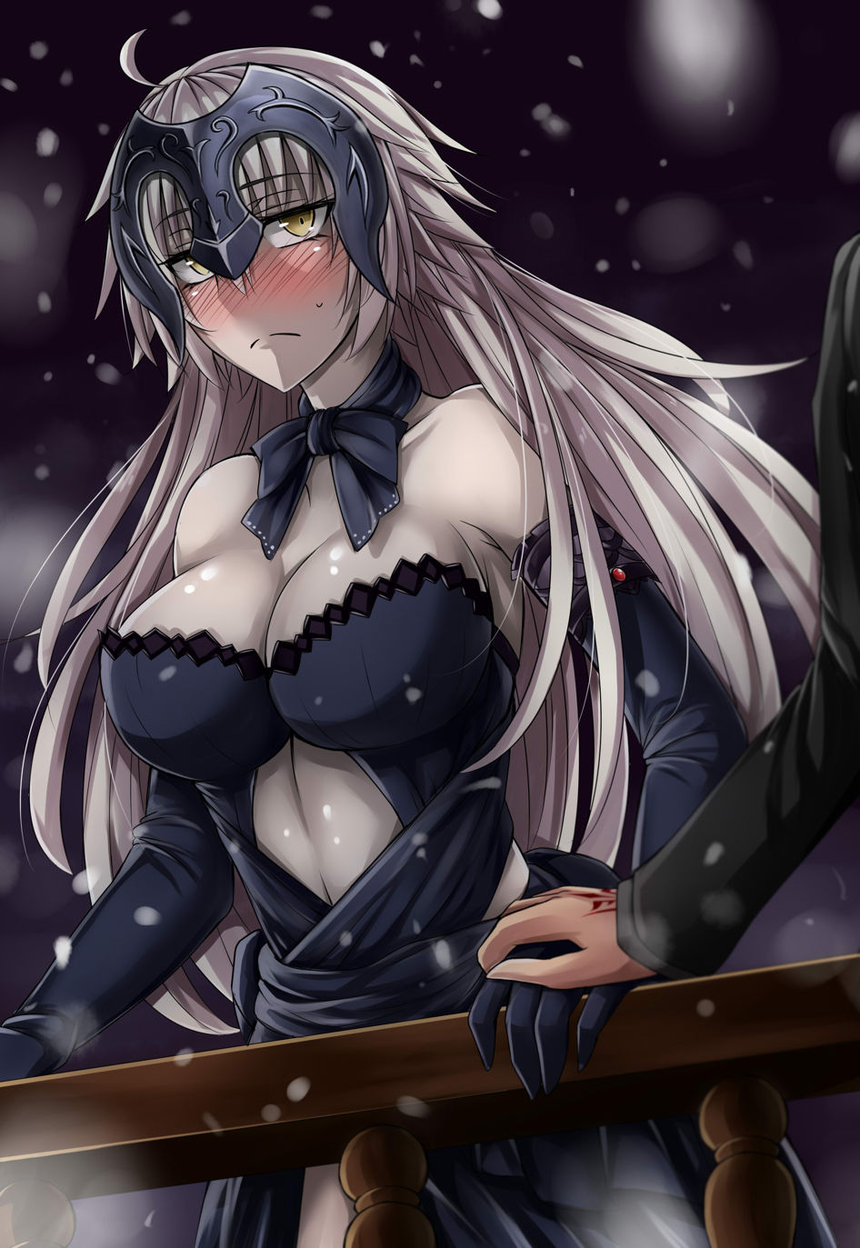 1boy, 1girl, ahoge, bare_shoulders, black_gloves, blush, breasts, cleavage