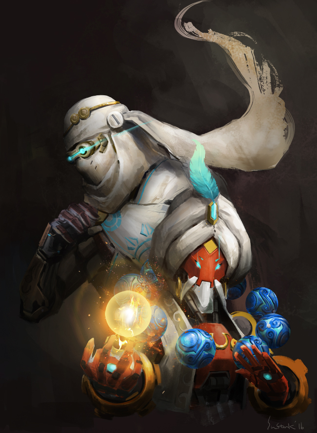 2016, 2boys, armor, artist_name, beard, bodysuit, clenched_hand, clothed_robot