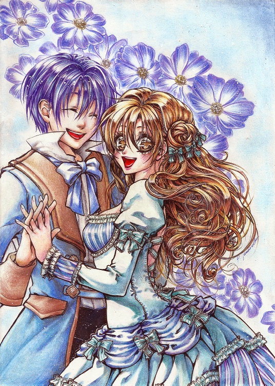 1boy, 1girl, :d, ballpoint_pen_(medium), blue_bow, blue_hair, bow, bowtie