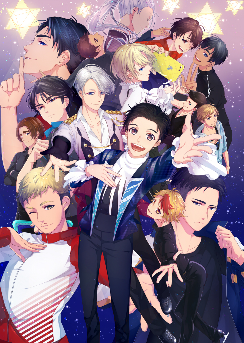 10s, 6+boys, absurdres, beard, black_hair, blonde_hair, blue_eyes, brown_eyes