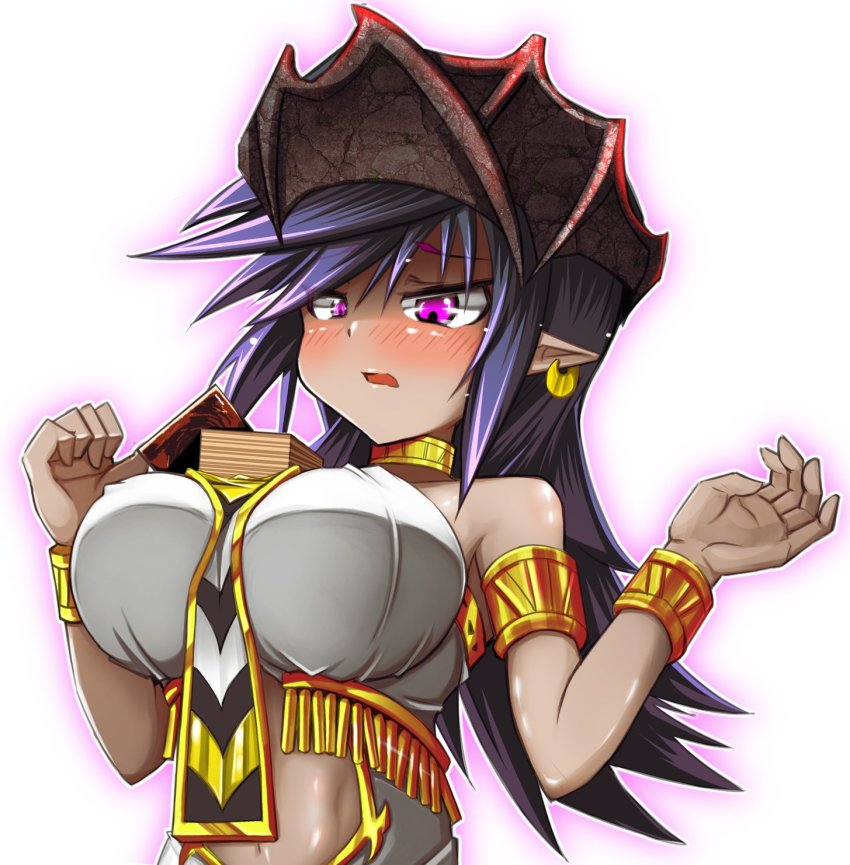 1girl, blush, bracelet, breasts, card, dark-skinned_female, dark_skin, darklord_ixchel, deck, demon_girl, demon_wings, duel_monster, earrings, eyebrows, eyelashes, female_focus, furumeta, head_wings, highres, jewelry, large_breasts, midriff, navel, necklace, pointy_ears, purple_eyes, purple_hair, solo, wings, yu-gi-oh!, yu-gi-oh!_duel_monsters