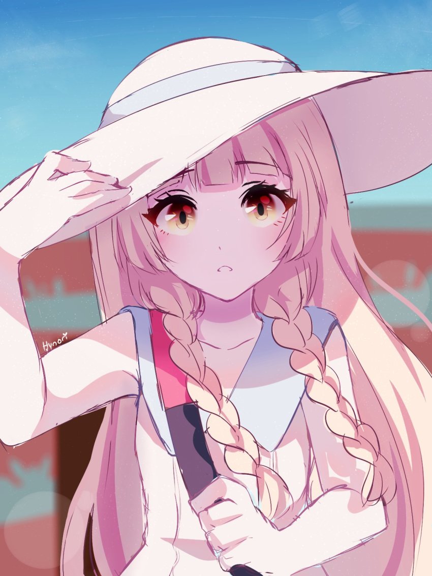 1girl, adjusting_clothes, adjusting_headwear, artist_name, bag, blonde_hair, blunt_bangs, braid