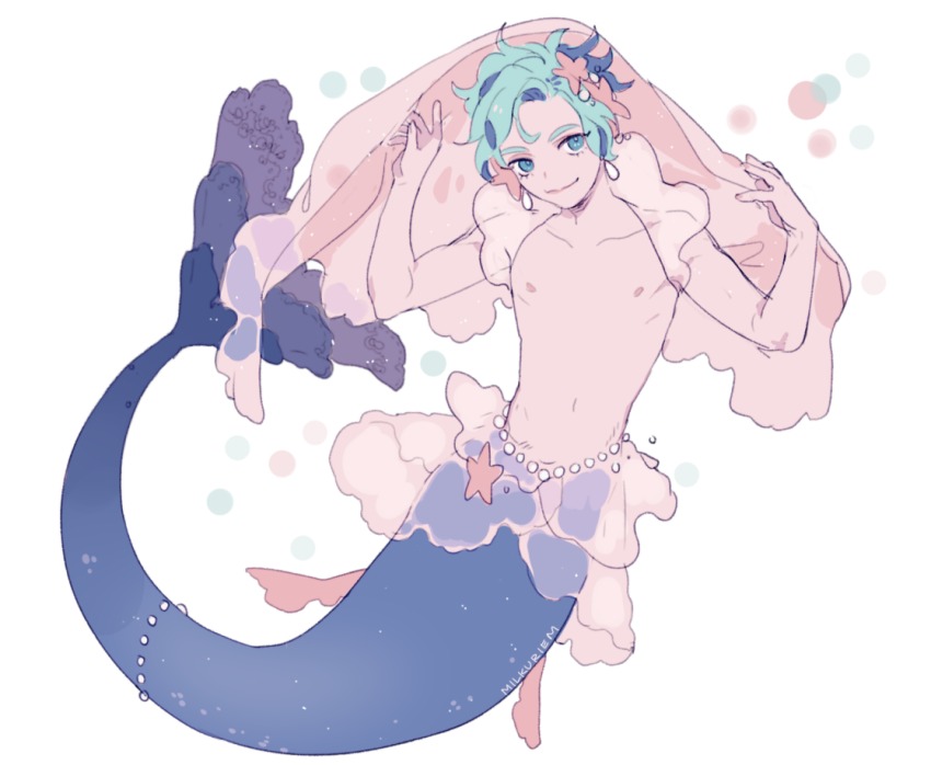 1boy, adjusting_clothes, artist_name, blue_eyes, blue_hair, closed_mouth, earrings, fins
