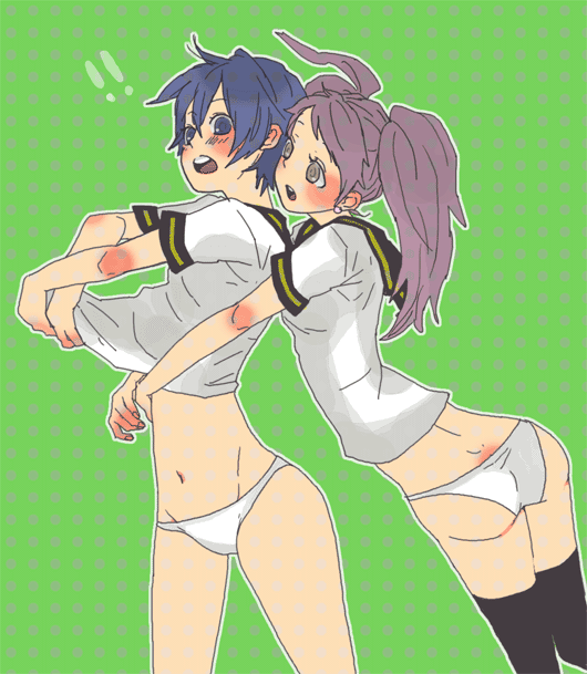 2girls, ass, atlus, bad_id, bad_pixiv_id, blue_hair, blush, bottomless
