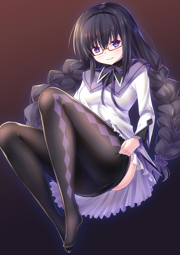 10s, 1girl, 3:, akemi_homura, akemi_homura_(magical_girl), ame_wa_a_ga_tsutano?, argyle_clothes, argyle_pantyhose