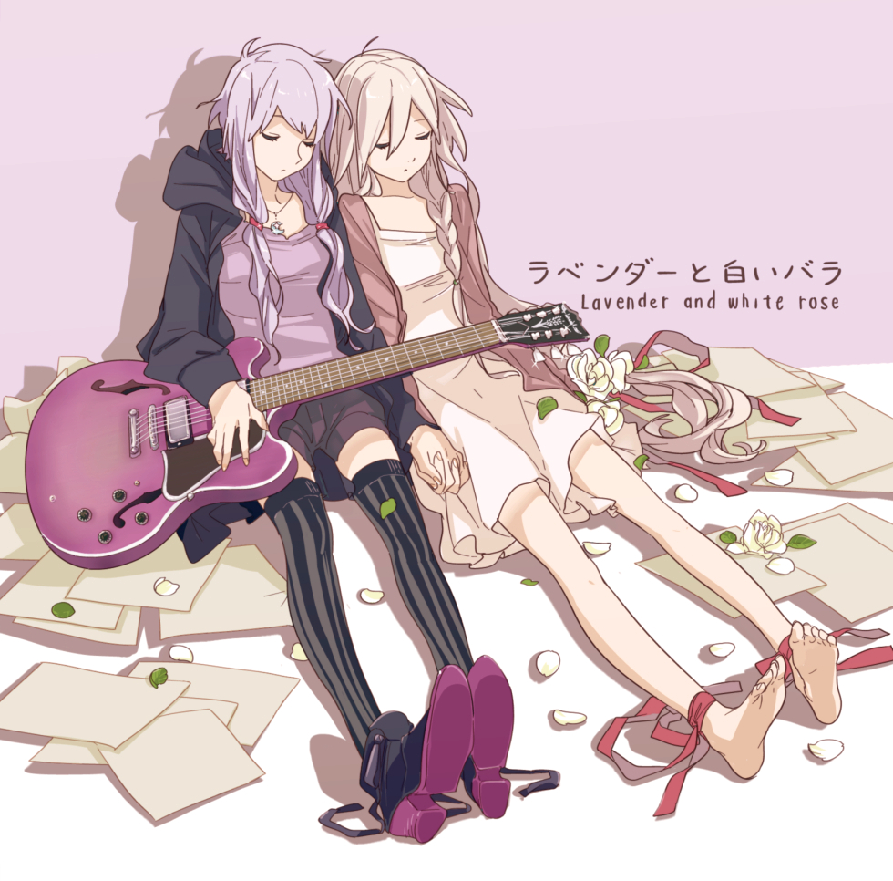 2girls, barefoot, braid, dress, feet, female_focus, flower, grey_hair, guitar, holding_hands, hood, hoodie, ia_(vocaloid), instrument, jewelry, long_hair, miyama_hugin, multiple_girls, necklace, on_floor, purple_hair, red_theme, sitting, sleeping, striped_legwear, thighhighs, twintails, vocaloid, voiceroid, white_dress, yuzuki_yukari