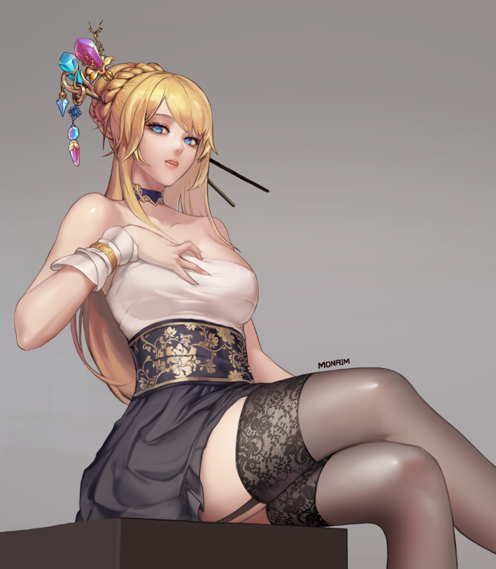 00s, 1girl, artist_name, bare_shoulders, black_skirt, black_thighhighs, blonde_hair, braid, braided_bun, breasts, choker, crossed_legs, crystal, dungeon_and_fighter, elsword, eyelashes, female_focus, female_gunner_(dungeon_and_fighter), floral_print, garter_straps, gradient_background, grey_background, hair_bun, hair_ornament, hair_stick, hand_on_breast, korean_clothes, large_breasts, long_hair, looking_at_viewer, looking_to_the_side, md5_mismatch, monaim, parted_lips, rose_(elsword), shiny_clothes, sitting, skirt, solo, strapless, swept_bangs, thighhighs
