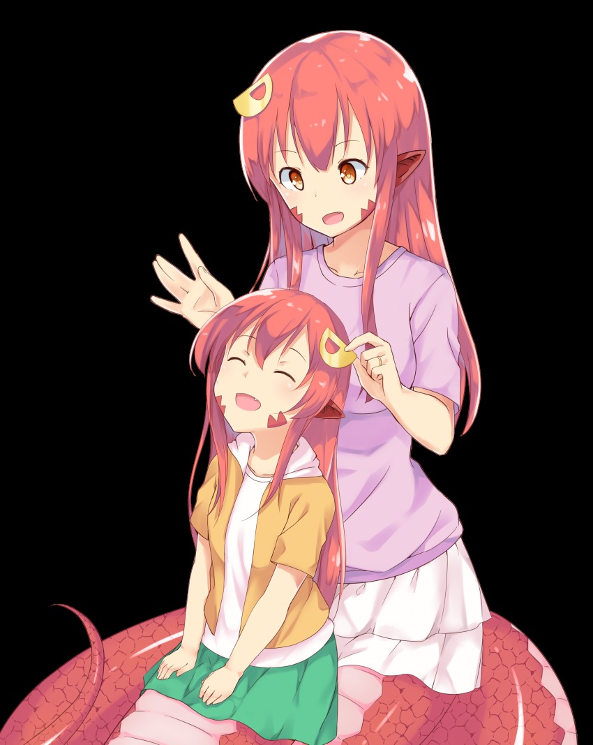 10s, 2girls, 53c_(ray_cordova), :d, ^_^, absurdres, bad_id, bad_twitter_id, child, closed_eyes, fang, hair_ornament, hairclip, happy, highres, if_they_mated, jewelry, lamia, long_hair, miia_(monster_musume), monster_girl, monster_musume_no_iru_nichijou, mother_and_child, mother_and_daughter, multiple_girls, open_mouth, orange_eyes, parent_and_child, pointy_ears, red_hair, ring, scales, shirt, sitting, sitting_on_lap, sitting_on_person, skirt, smile, source_request, t-shirt, transparent_background, wedding_band
