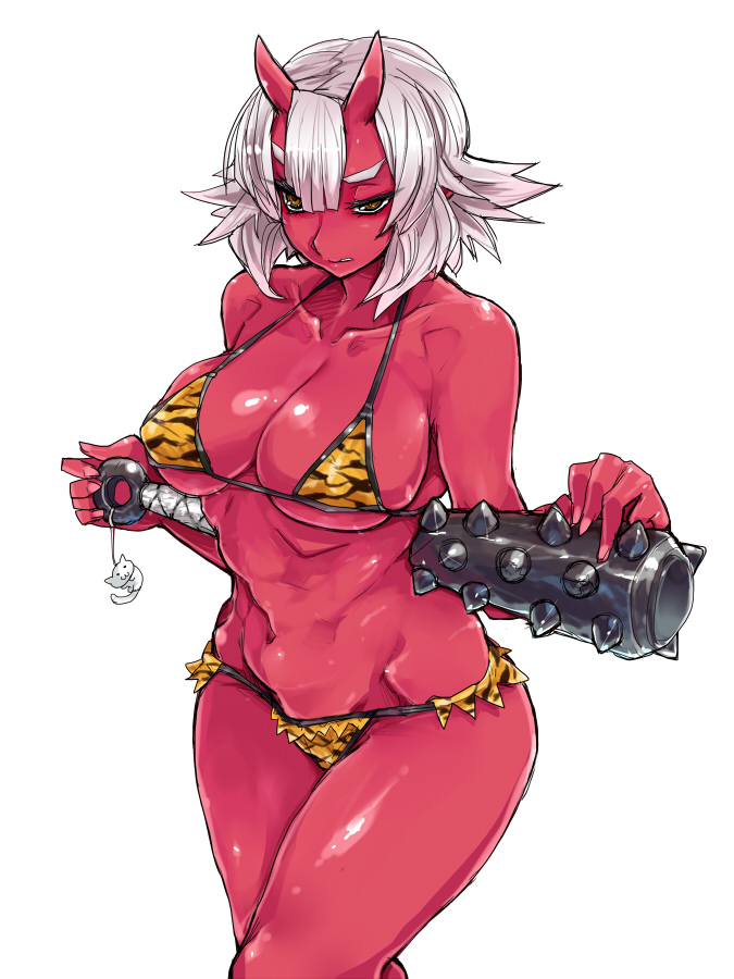 1girl, animal_print, bikini, breasts, brown_eyes, collarbone, colored_skin, eyebrows, female_focus, horns, large_breasts, navel, oni, original, red_oni, red_skin, red_skirt, short_hair, simple_background, skin-covered_horns, skirt, skj, solo, swimsuit, tiger_print, tiger_print_bikini, weapon, white_background, white_hair