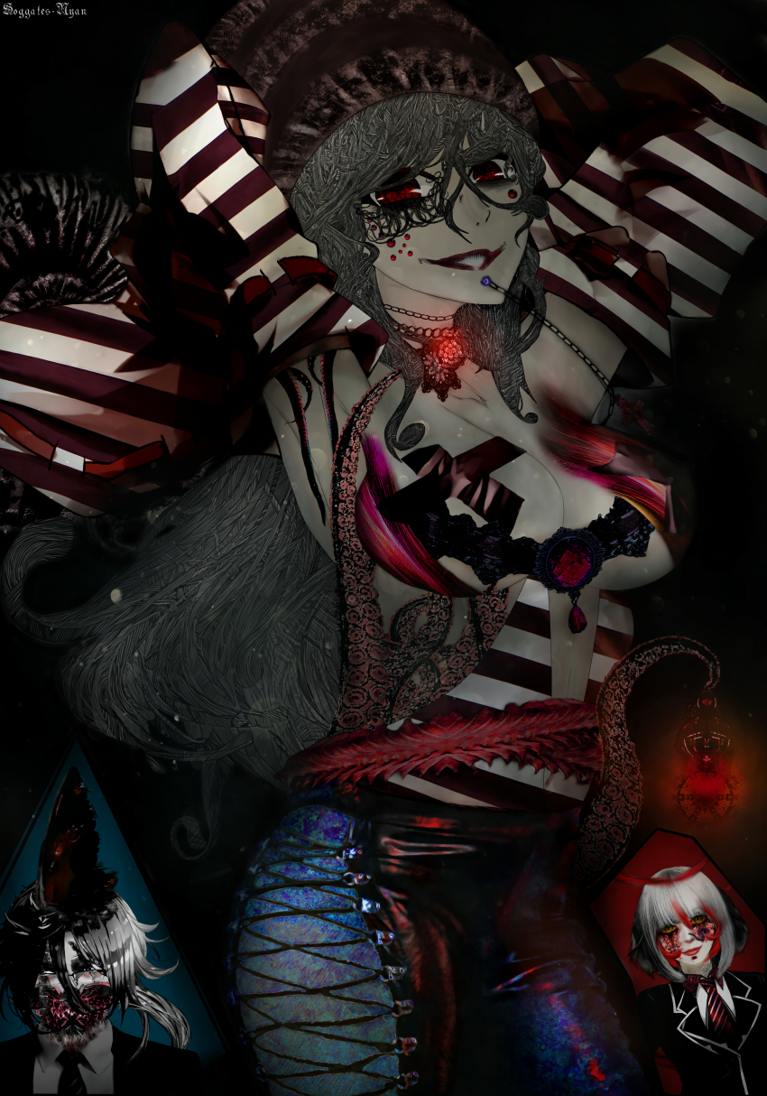 1boy, 2girls, absurdres, album_cover, alternate_color, alternate_costume, ammonite, angry