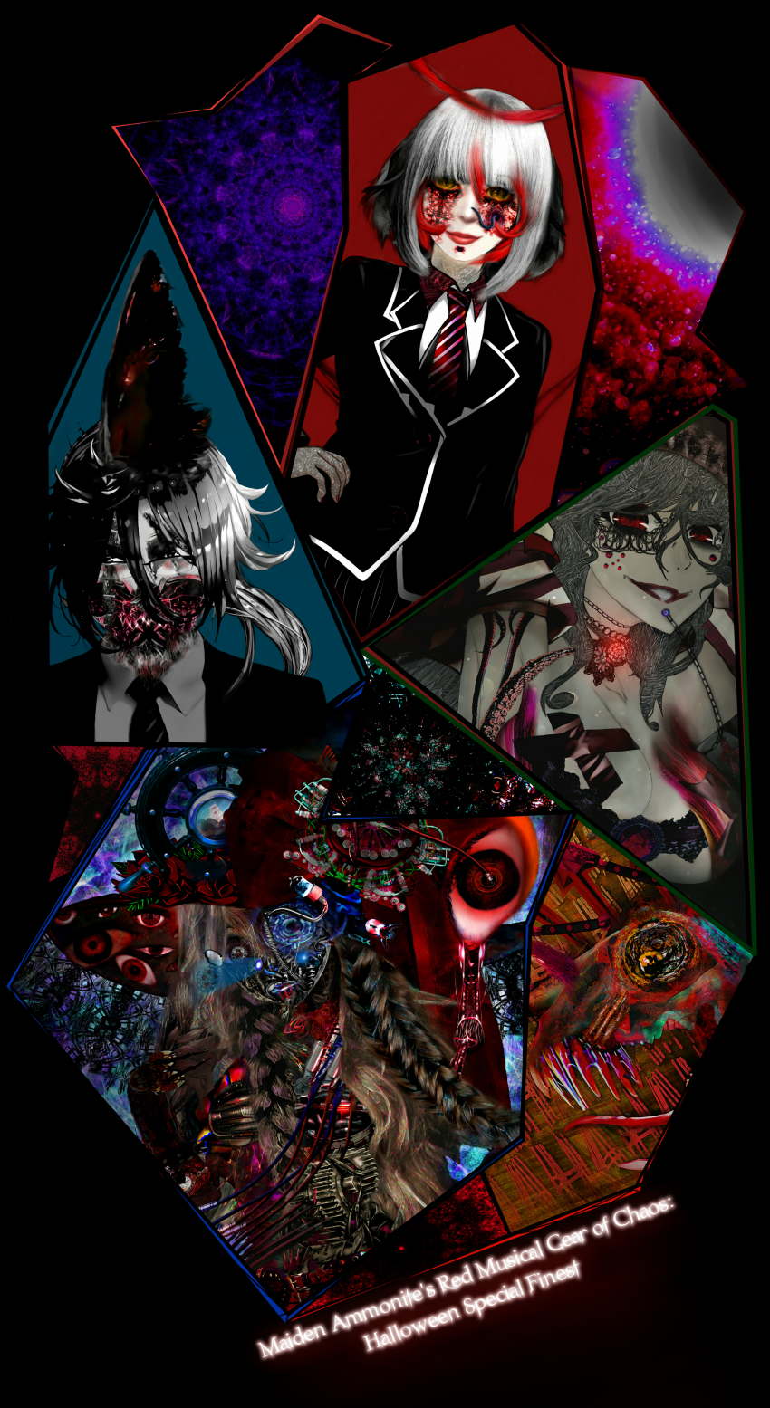 1boy, 3girls, abstract, absurdres, alternate_color, alternate_costume, angry, black_background