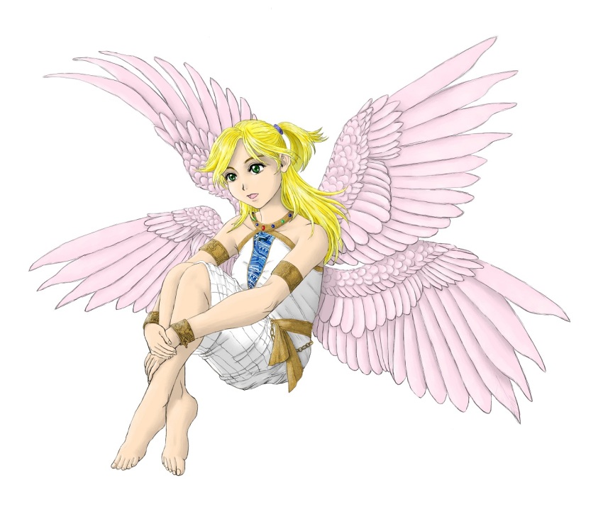 1girl, armlet, barefoot, blonde_hair, blue_gem, bracelet, chain, collarbone, crossed_legs, dress, eos_(mythology), faux_traditional_media, feathered_wings, female_focus, fingernails, full_body, gem, greek_mythology, green_eyes, green_gem, hugging_own_legs, jewelry, k-ta_(kahlacielzephyros), knees_up, long_hair, looking_to_the_side, off-shoulder_dress, off_shoulder, open_mouth, original, own_hands_together, ponytail, red_gem, sash, simple_background, solo, toenails, white_background, white_dress, wings