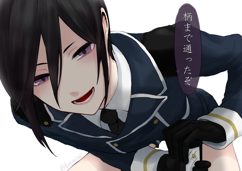 10s, 1boy, artist_name, black_gloves, black_hair, bota_(tsuboyan), buttons, double-breasted, gloves, hair_between_eyes, highres, male_focus, military, military_uniform, pale_skin, pov, purple_eyes, sexually_suggestive, short_hair, short_sword, shorts, simple_background, smile, solo, sword, tantou, thighs, touken_ranbu, touken_ranbu:_hanamaru, twitter_username, weapon, white_background, yagen_toushirou