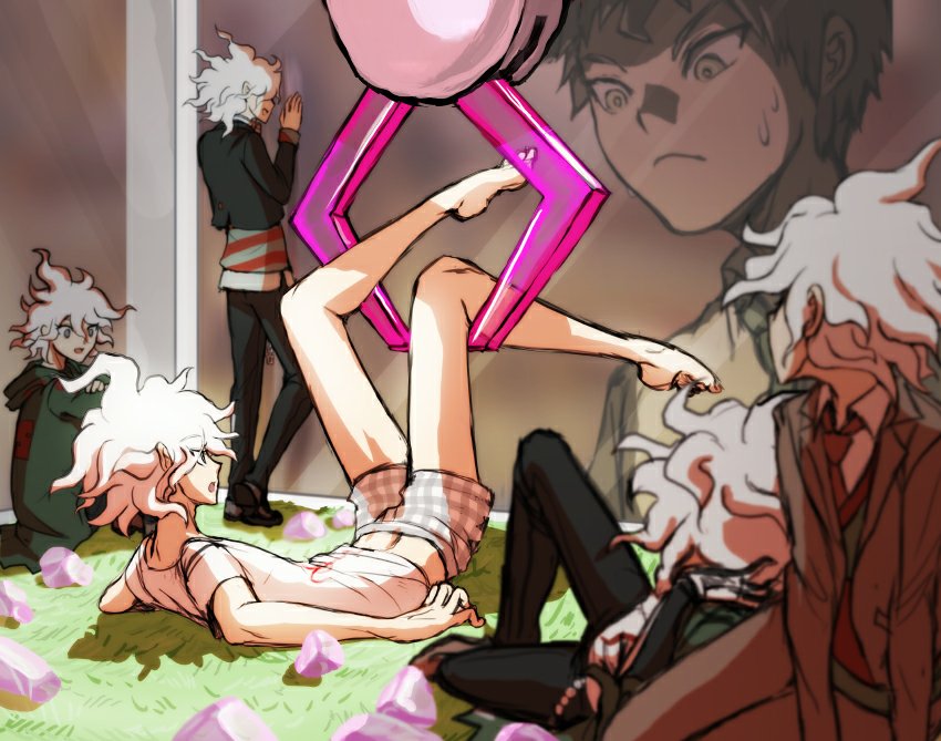 10s, 6+boys, arm_support, boxers, brown_hair, coat, crane_game, danganronpa_(series), danganronpa_2:_goodbye_despair, danganronpa_3_(anime), danganronpa_another_episode:_ultra_despair_girls, glass, grass, hinata_hajime, jacket, komaeda_nagito, legs_up, looking_down, looking_up, male_focus, male_underwear, messy_hair, mini_person, miniboy, multiple_boys, multiple_persona, necktie, open_clothes, open_coat, open_jacket, open_mouth, red_necktie, school_uniform, servant_(danganronpa), shirt, short_sleeves, striped_clothes, striped_shirt, sweat, t-shirt, underwear, white_hair, yandr4hope