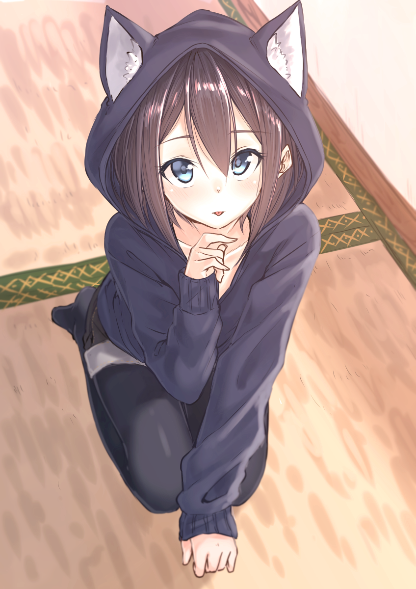 1girl, :p, animal_hood, arm_support, black_hair, black_pantyhose, blue_eyes, blue_hoodie