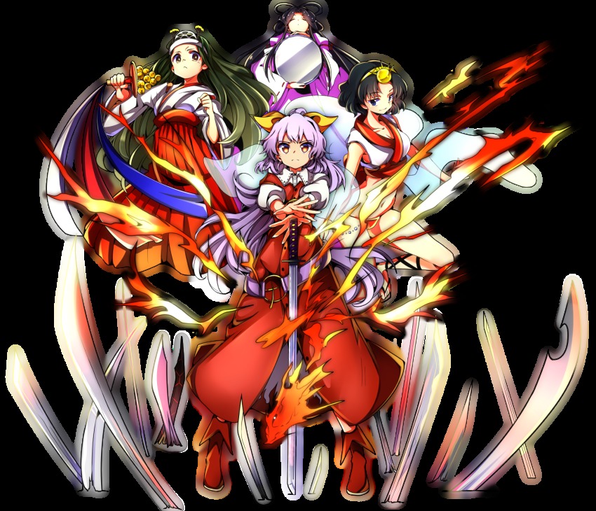 >:(, 4girls, ame_no_uzume, baba_(baba_seimaijo), baggy_pants, bell, belt, belt_skirt